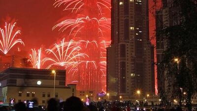 Fireworks at Burj Khalifa to usher in the New Year. People were also privy to a light show, made up of tens of thousands of LED panels wrapped around the tower. Jeffrey E Biteng / The National