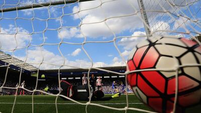 Costel Pantilimon of Sunderland is beaten by the shot by Leicester City’s Marc Albrighton during the Premier League match at The King Power Stadium. (Photo by Matthew Lewis/Getty Images)