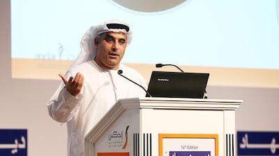 Dr Ibrahim Al Dabal speaks on Thursday about the need to empower UAE students at the Dubai International Humanitarian Aid and Development Conference. Pawan Singh / The National