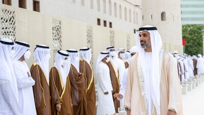 Sheikh Khaled bin Mohamed bin Zayed, member of the Abu Dhabi Executive Council and chairman of Abu Dhabi Executive Office, attends the group wedding reception.