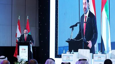 Saad Hariri speaks during the conference.