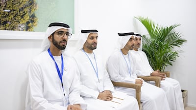 Sheikh Shakhbut bin Nahyan, UAE Minister of State, Sheikh Mohamed bin Hamad, Sheikh Hamdan bin Mohamed and Mohamed Al Mazrouei, undersecretary of the Presidential Court. Hamad Al Kaabi / UAE Presidential Court