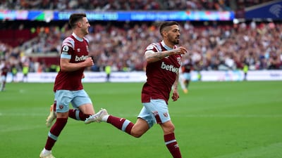 Manuel Lanzini of West Ham United celebrates after scoring the third goal. Getty