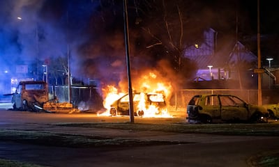 Cars on fire in the Rosengard district, after Quran burnings that caused riots in several Swedish towns in 2022. Reuters