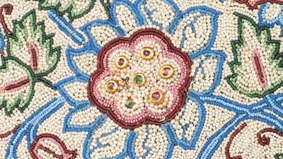 A close-up of part of the Pearl Canopy of Baroda, covered in Gulf pearls and precious stones, which is expected to fetch up to US$5m at auction.