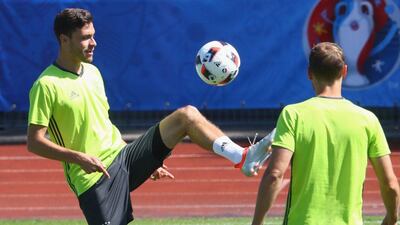 Jonas Hector of Germany plays the ball during a Germany training session ahead of their Uefa Euro 2016 semi-final against France at Ermitage Evian on July 06, 2016 in Evian-les-Bains, France. Alexander Hassenstein / Getty Images