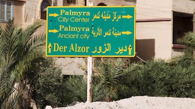 Palmyra rose to prominence during the Roman Empire. Photo from May 19, 2015 shows a road sign in Palmyra city. Reuters