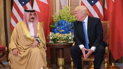 Donald Trump, right, and Bahrain’s King Hamad bin Isa Al Khalifa take part in a bilateral meeting at a hotel in Riyadh on May 21, 2017. Mandel Ngan / AFP