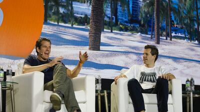 Tyler Winklevoss, chief executive and co-founder of Gemini Trust, left, and Cameron Winklevoss, president and co-founder of Gemini Trust, have a net worth of $4bn each. Bloomberg