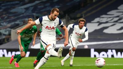 Tottenham Hotspur's Harry Kane scores their fifth goal from the penalty spot. Reuters