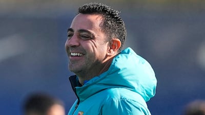Barcelona coach Xavi Hernandez leads a training session at Joan Gamper sports complex ahead of their clash with Manchester United. EPA