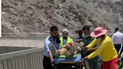 Two tourists, one of whom was flown to hospital via air ambulance, were rescued from a mountain in Khor Fakkan on Friday. Courtesy: Sharjah Police