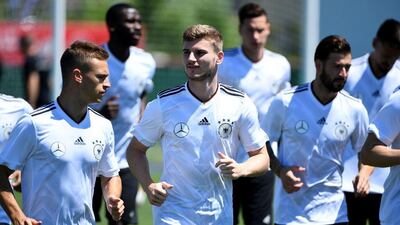 Germany's forward Timo Werner, centre, attends a training session during the Russia 2017 Confederation Cup football tournament in Sochi on June 17, 2017. Patrik Stollarz / AFP