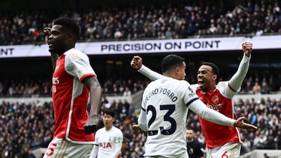 Arsenal's Gabriel celebrates after Tottenham midfielder Pierre-Emile Hojbjerg scored an own goal. Reuters