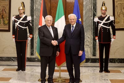 Palestinian President Mahmoud Abbas, left, meets Italian President Sergio Mattarella in Rome, on Friday. AFP