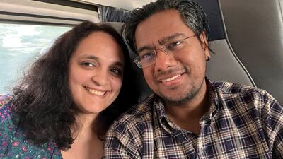 The writer met her husband, Karthik, on a bus in Dubai. Aarti Nagraj / The National