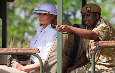 US First Lady Melania Trump goes on a safari with Nelly Palmeris (R), Park Manager, at the Nairobi National Park in Nairobi, October 5, 2018, during the third leg of her solo tour of Africa. AFP