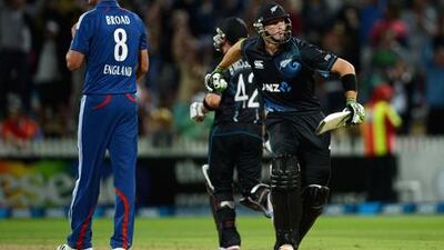 New Zealand's Martin Guptill celebrates as the hosts beat England in the first one day international in Hamilton.
