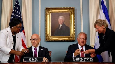 U.S. Undersecretary of State Tom Shannon (R) and Israeli Acting National Security Advisor Jacob Nagel (L) participate in a signing ceremony for a new ten year pact on security assistance between the two nations at the State Department in Washington, U.S., September 14, 2016. Gary Cameron / Reuters