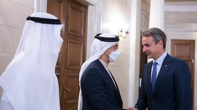 Sheikh Mansour bin Zayed, Deputy Prime Minister and Minister of Presidential Affairs, is received by Mr Mitsotakis during a reception at the Maximos Mansion.