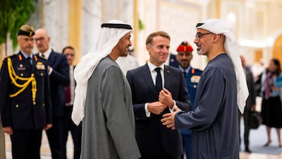 Sheikh Mohamed and Sheikh Khaled bin Mohamed, Crown Prince of Abu Dhabi and Chairman of Abu Dhabi Executive Council, bid farewell to Mr Macron. UAE Presidential Court