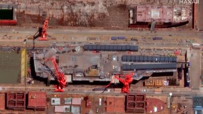 This satellite image from Maxar Technologies shows the construction of China's Type 003 aircraft carrier at the Jiangnan Shipyard north-east of Shanghai, China. AP