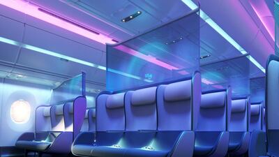 Purple lighting helps facilitate the transition between boarding and in-flight mode. Courtesy PriestmanGoode