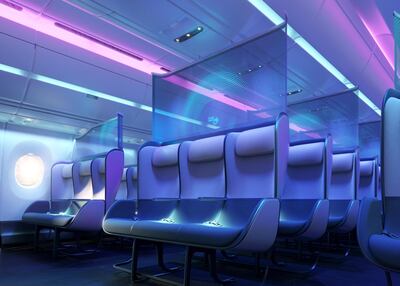 Purple lighting helps facilitate the transition between boarding and in-flight mode. Courtesy PriestmanGoode