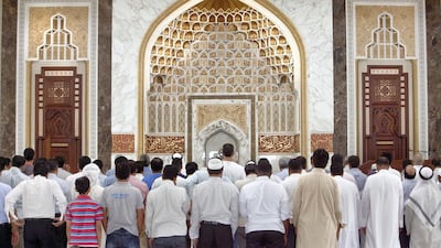 Prayers at Masjid Musabah Bin Rashid Al Fattan Mosque in Dubai during the First day of Ramadan. Jun 29, 2014. Jaime Puebla / The National