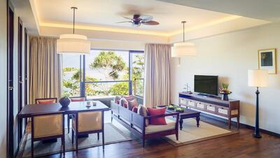 The One Bedroom Anantara Suite living area at Anantara Kalutara Resort, Sri Lanka. Courtesy Anantara Kalutara Resort