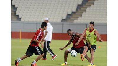 Newly acquired Nelson Valdez, far right, scrimmages ahead of Al Jazira's UAE League Cup match against Sharjah.