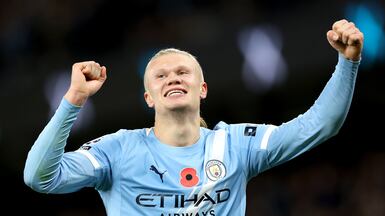 Erling Haaland of Manchester City celebrates after scoring his second goal during the English Premier League match between Manchester City and AFC Bournemouth, in Manchester, Britain, 02 November 2025. EPA/ADAM VAUGHAN EDITORIAL USE ONLY. No use with unauthorized audio, video, data, fixture lists, club/league logos, 'live' services or NFTs. Online in-match use limited to 120 images, no video emulation. No use in betting, games or single club/league/player publications.