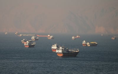 Vessels in the Strait of Hormuz as seen from the coast of Oman. Reuters