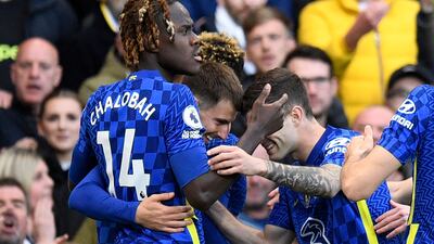 Chelsea midfielder Mason Mount celebrates with teammates after scoring the opening goal in the 3-0 Premier League victory against Leeds United at Elland Road. AFP
