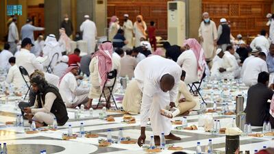 People breaking their fast at Quba Mosque, Madinah, Saudi Arabia. SPA
