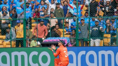 Netherlands' Wesley Barresi takes the catch to dismiss India's captain Rohit Sharma. AP