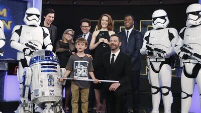 TV show host Jimmy Kimmel, front right, with the cast and crew from the latest Star Wars film. Randy Holmes/ABC via Getty Images
