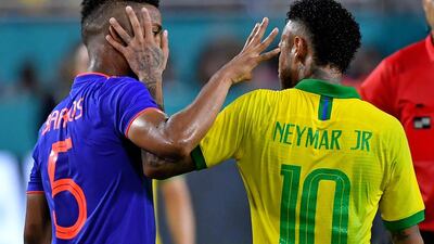 Colombia defender Wilmar Barrios exchanges words with Neymar. Credit: Steve Mitchell-USA TODAY Sports
