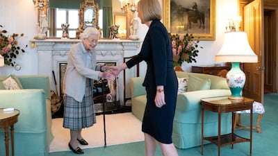 Queen Elizabeth II welcomes UK Prime Minister Liz Truss during an audience at Balmoral in Scotland. EPA