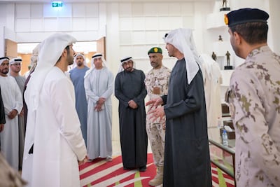 Sheikh Mohamed visits the Ministry of Defence, alongside senior Emirati officials including Sheikh Hamdan bin Mohammed, Crown Prince of Dubai, Deputy Prime Minister and Minister of Defence. Photo: UAE Presidential Court