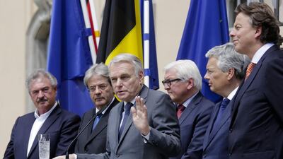 The Foreign Ministers from the EU's founding six Jean Asselborn from Luxemburg, Paolo Gentiloni from Italy, Jean-Marc Ayrault from France, Frank-Walter Steinmeier from Germany, Didier Reynders from Belgium and Bert Koenders from the Netherlands, after a meeting on the so-called Brexit in Berlin, Germany, June 25, 2016. Markus Schreiber/ Associated Press