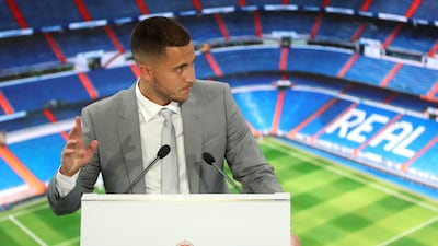 Eden Hazard speaks to the media during his unveiling as a Real Madrid player. Getty Images