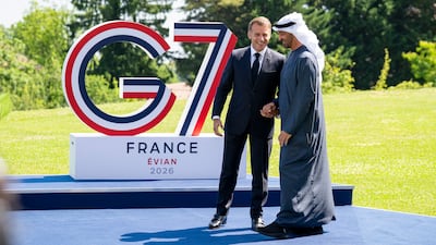 UAE President Sheikh Mohamed is received by French President Emmanuel Macron at the G7 summit in France. Abdulla Al Neyadi / UAE Presidential Court