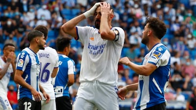 Karim Benzema scored Real Madrid's only goal of the game against Espanyol but reacts after missing a chance to score. AP