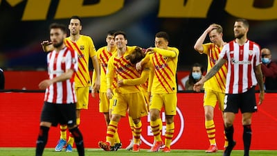 Antoine Griezmann celebrates scoring the first goal for Barca. Reuters
