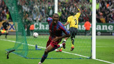 Samuel Eto'o of Barcelona celebrates scoring the equalising goal. Getty