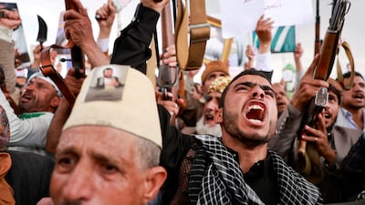 Houthi supporters shout slogans during an anti-Saudi rally amid an escalation with the kingdom, in Sanaa. Reuters