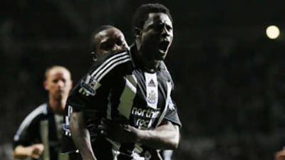 Newcastle United's two-goal hero Obafemi Martins shows his delight after helping lift the Magpies off the bottom of the table.