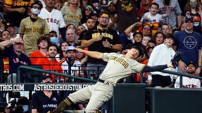 San Diego Padres Ha-Seong Kim catches a foul ball hit by Aledmys Diaz of the Houston Astros during the MLP game at Minute Maid Park in Texas on Friday, May 28. Reuters