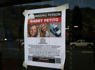 A missing person poster for Gabby Petito. AP